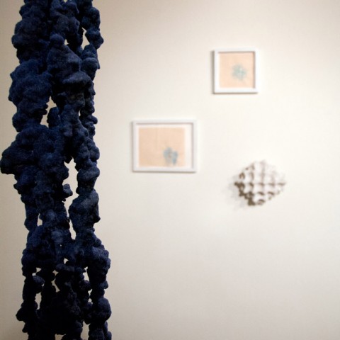 Foreground: Robert Ortbal - <b>begins with S</b>, 2012, wire, foam, wood, paint and flock, 101 x 12 x 12.5 (detail); Background: <b>Star Skeleton</b>, 2013, egg carton, resin, plaster, mica, silicon, carbide and metal flake and drawings