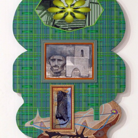 David Wetzl - <b>PreMod and PostMod Mind and Body</b>, 2011, acrylic and ink, paintings and drawings, and digital print on shaped wood, 42 x 28 inches