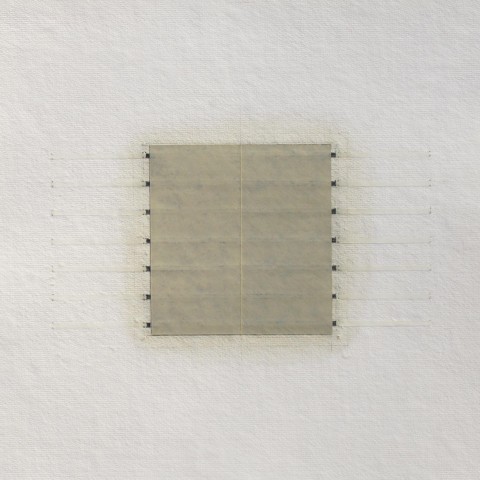 Eleanor Wood - <b>Realignments Series #10</b>, 2014, watercolor, waxed paper, oil and pencil on cotton paper, 13 x 13 inches