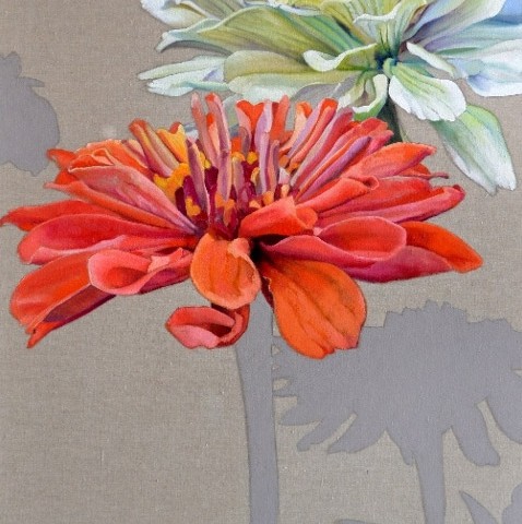 Mary Warner - <b>Two Zinnias</b>, 2012, oil on linen, 24 x 48 inches