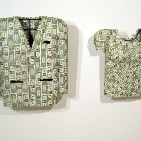 Ken Little - <b>From (suit coat)</b>, 2004, mixed media/ one dollar bills on steel frame, 39 x 34 x 8 inches; <b>To (blouse)</b>, 2004, mixed media/one dollar bills on steel frame, 32 x 33 x 10 inches
