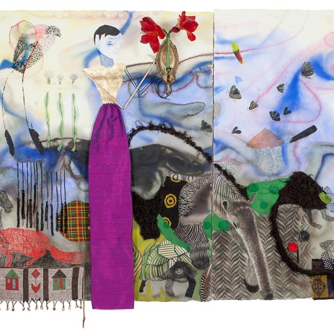 Wayang's World, 52x80, diptych, watercolor , charcoal, air brush color, found objects